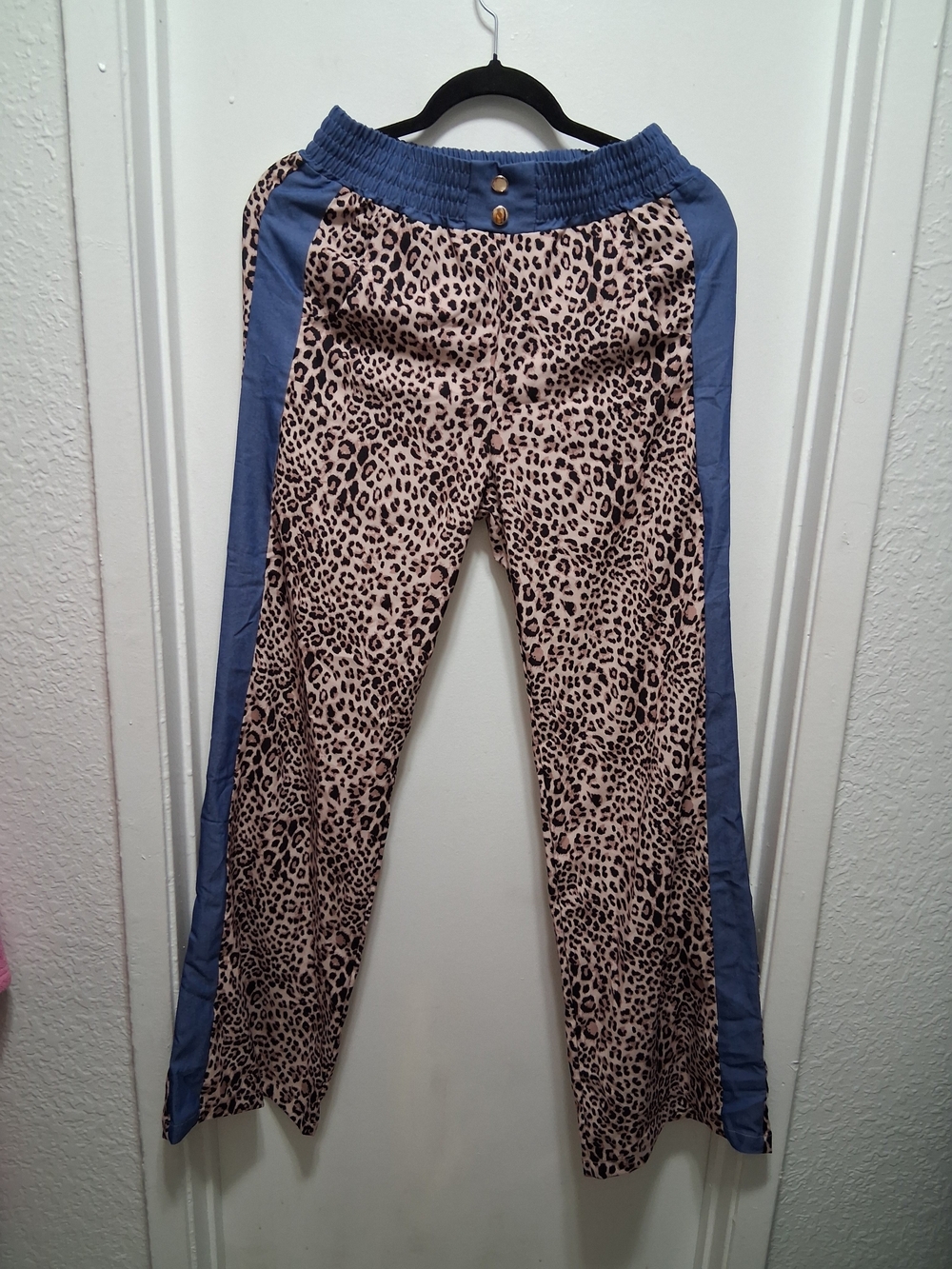 Leopard Print Track Pants with Blue Side Panels